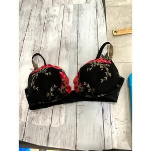 Victoria's Secret Women's Fabulous Plunge Front Hook Black/Red Roses Bra Sz 36DD